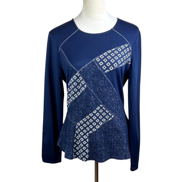 BCBGMaxazria NEW Maygan Navy Blue Multi Combo Patchwork Long Sleeve Top - Picture 3 of 14
